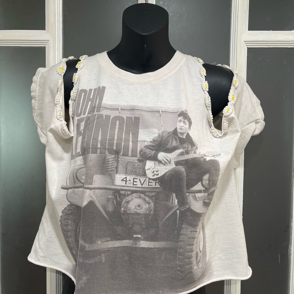 John Lennon Graphic Daisy-off Shoulder White Crop Tank